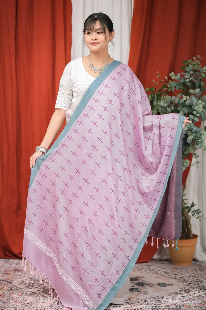 Soft Dusty Pink Sea Green Border Screen Print Viscose Shawl