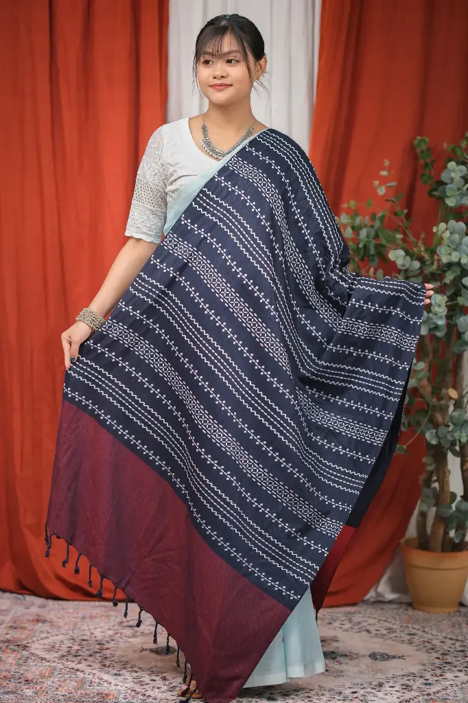 Deep Navy Blue & Maroon Body White Design Screen Print Viscose Shawl
