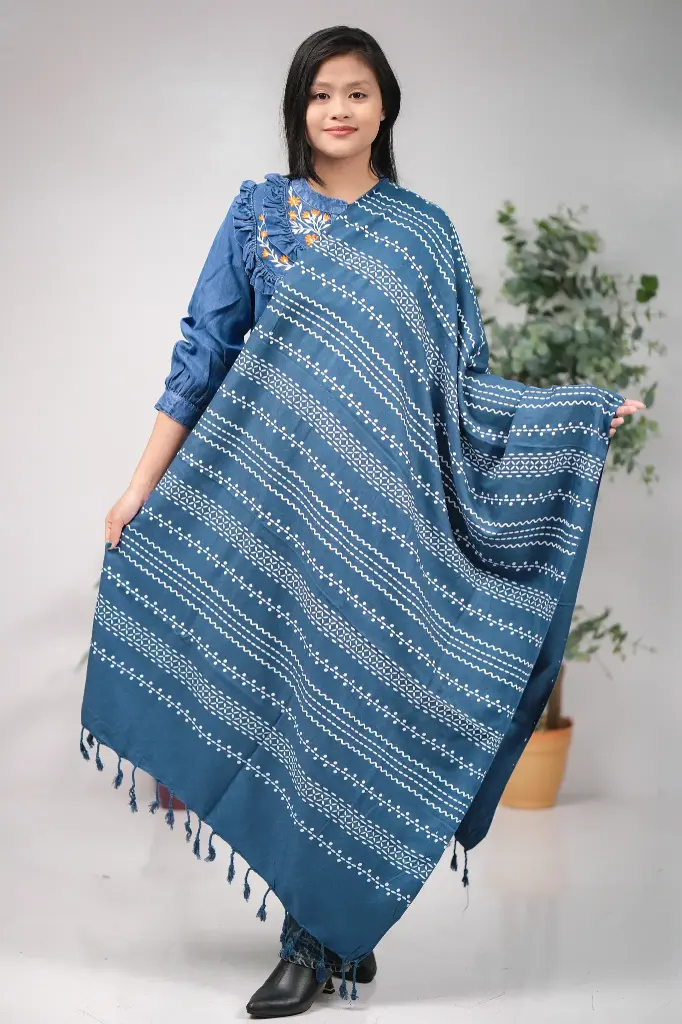 Navy Blue White Design Screen Print Viscose Shawl