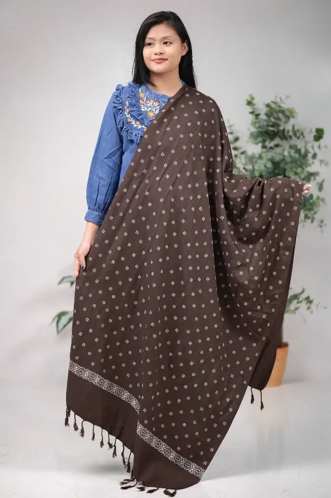 Dark Brown White Small Design Screen Print Viscose Shawl