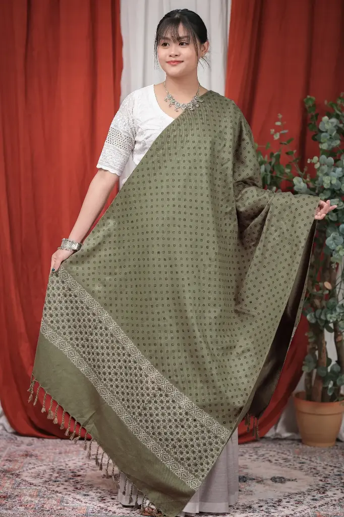 Muted Olive White & Black Small Design Screen Print Viscose Shawl