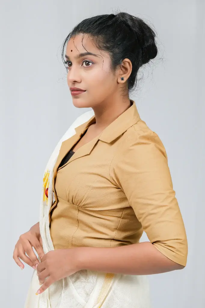 Camel Beige Notched Lapel Collar Denim Blouse