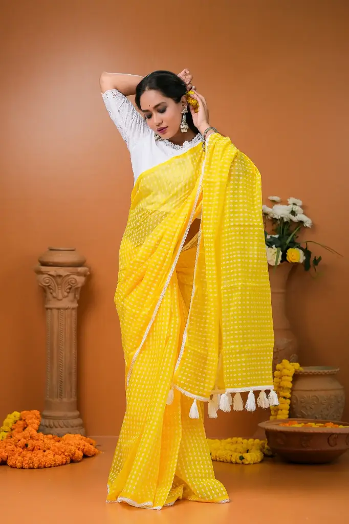 Yellow Body White Small Design Half Silk Screen Print Sharee