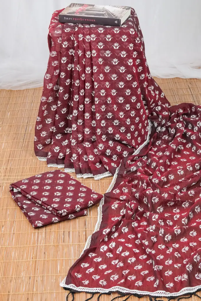 Deep Maroon Body White Flower Design Screen Print Cotton Sharee