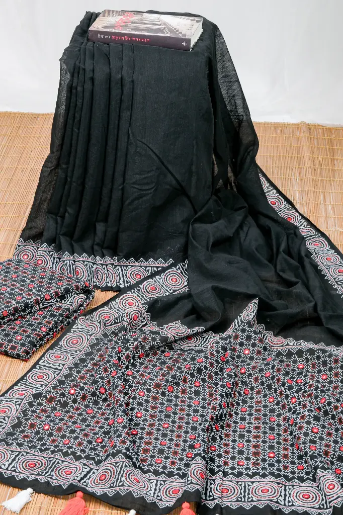 Black Body White Print Dollar Hand Work Cotton Sharee