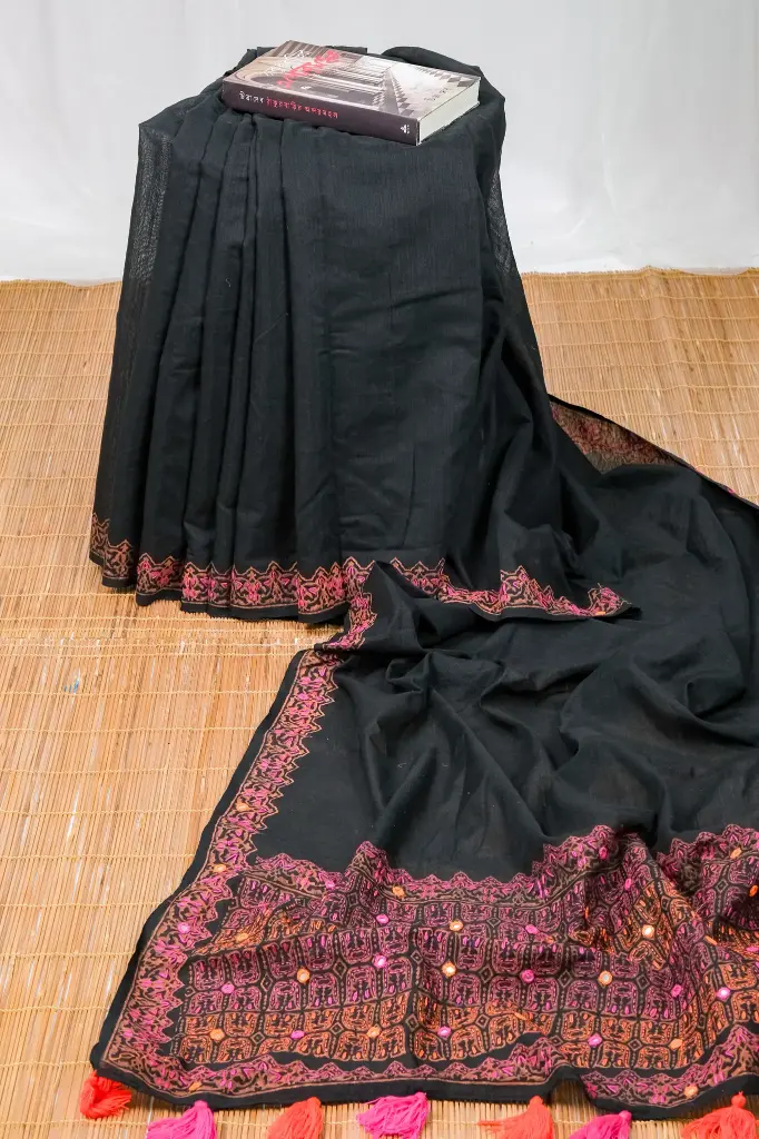 Black Body Mustard Print Dollar Hand Work Half Silk Sharee