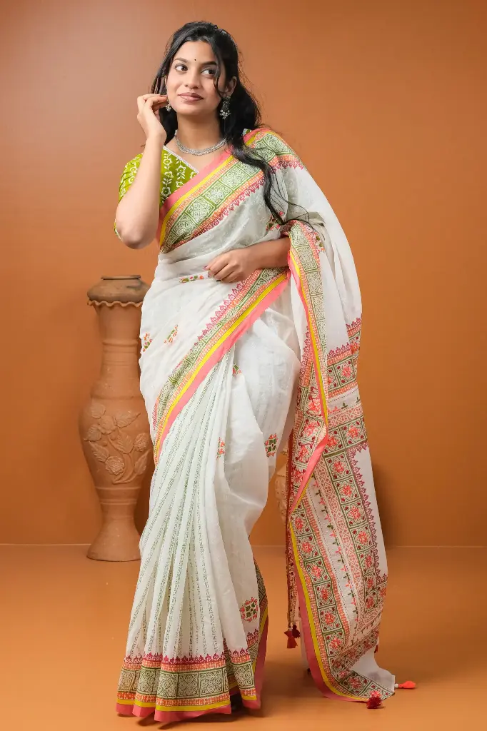 Off White Body Olive Red Print Hand Work Half Silk Sharee