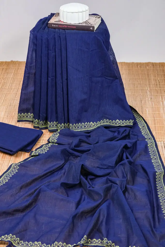 Deep Navy Blue Body Yellow Paar Screen Print Cotton Sharee