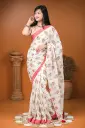 Off White Body Red Green Floral Design Screen Print Cotton Sharee