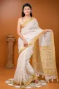 White Body Golden Paar Golden Floral Design Screen Print Cotton Sharee