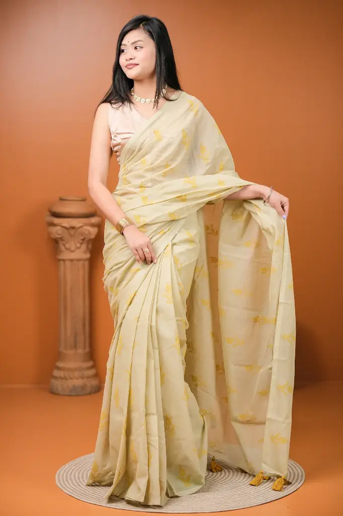 Biscuit Body Mustard Floral Design Screen Print Cotton Sharee