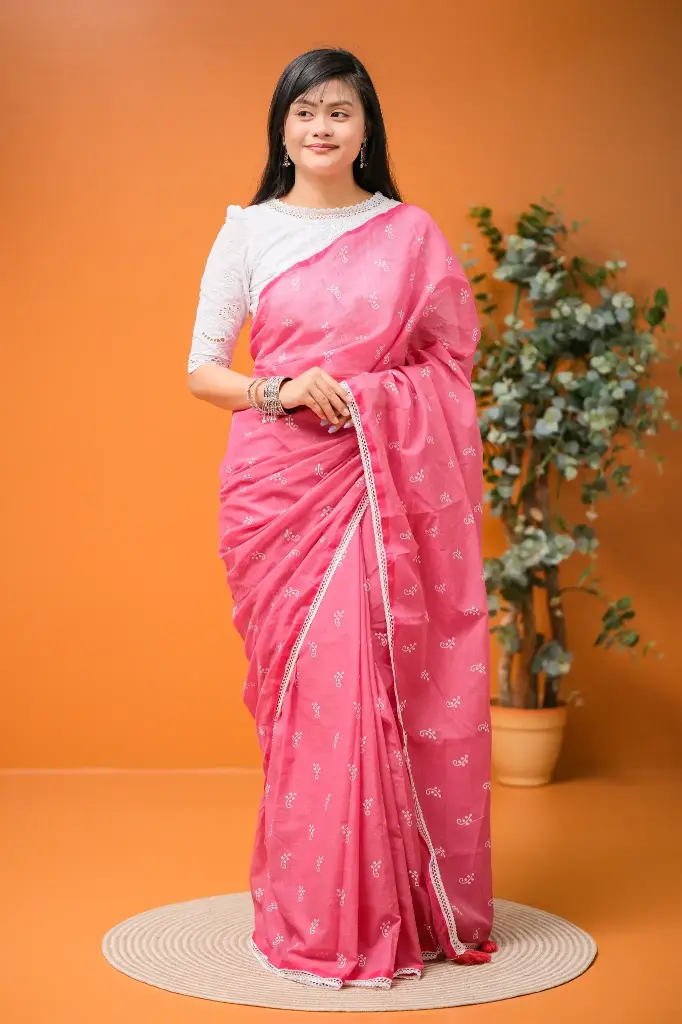 Vibrant Pink White Small Design Screen Print Cotton Sharee