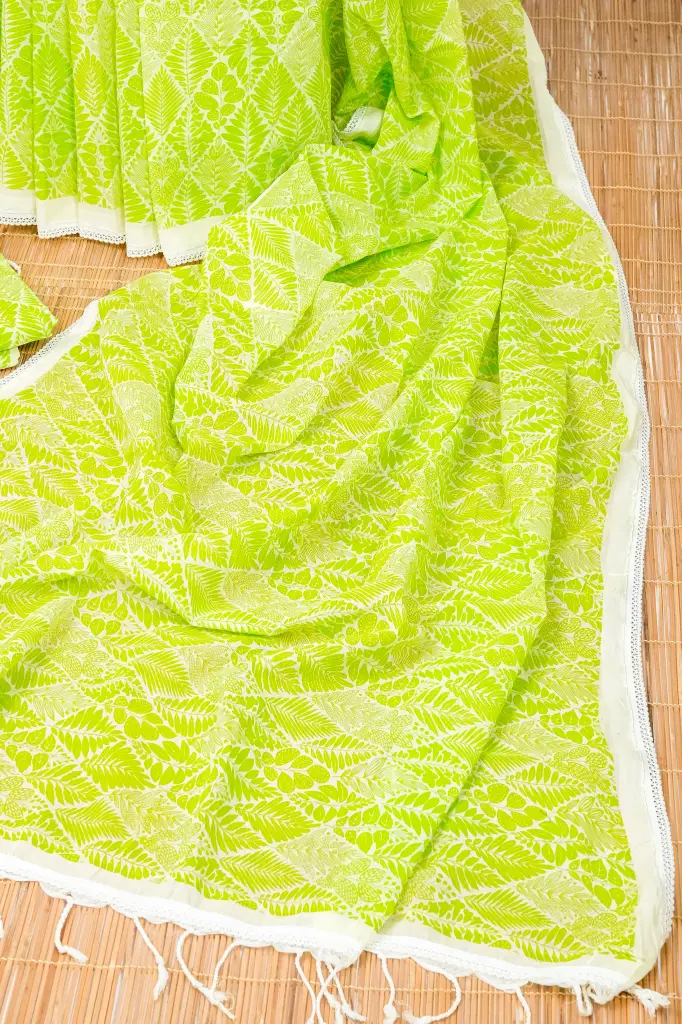 Green Body Nature Inspired Screen Print Cotton Sharee