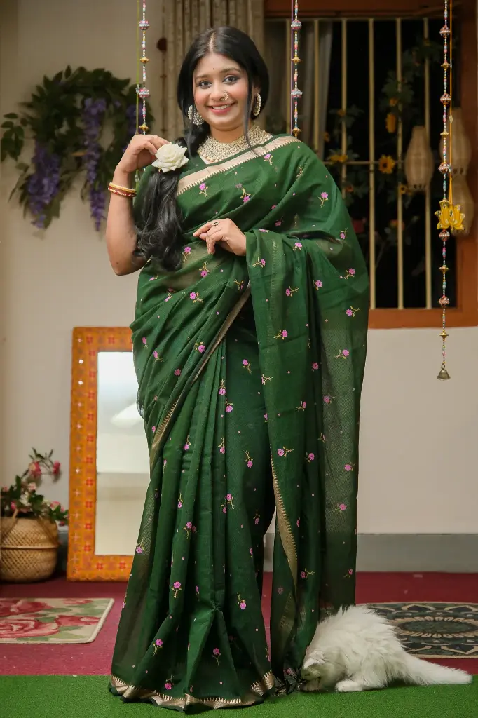 Dark Green Body Pink Mustard Small Flower Design Cotta Cotton ‍Sharee 