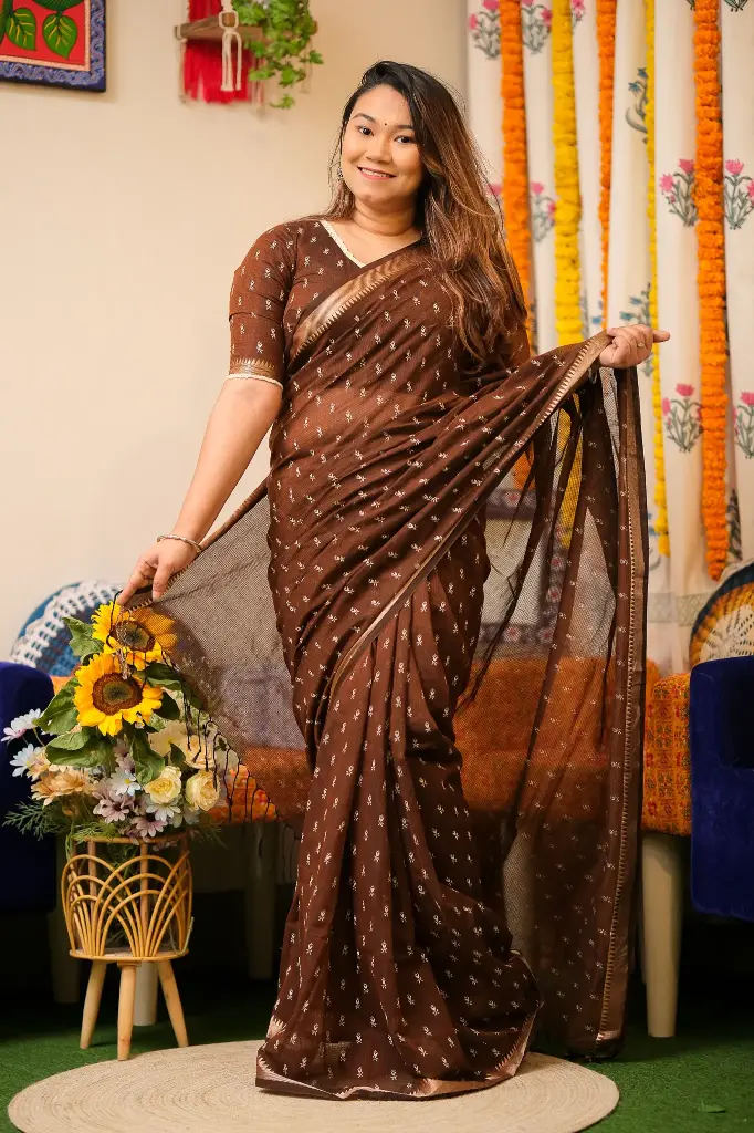 Brown Body White Small Flower Design Cotta Cotton ‍Sharee 