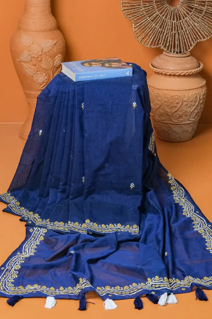 Dark Navy Blue Body Yellow White Embroidery Cotton Sharee
