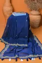 Dark Navy Blue Body Yellow White Embroidery Cotton Sharee
