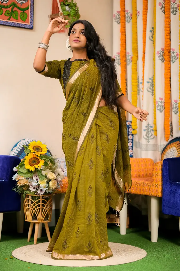 Olive Mustard Green Body Black Floral Design Cotta Cotton ‍Sharee