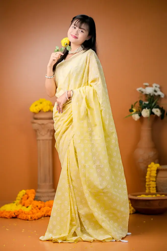 Light Cream Yellow Body White Flower Design Screen Print Cotton Sharee