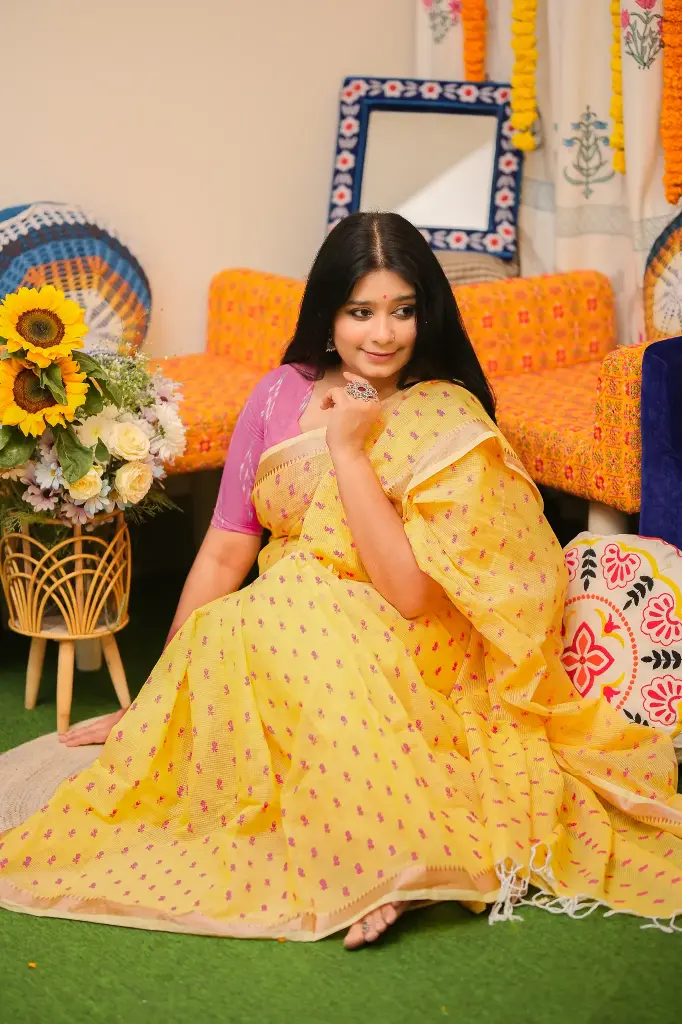 Light Yellow Body Pink Small Flower Design Cotta Cotton ‍Sharee