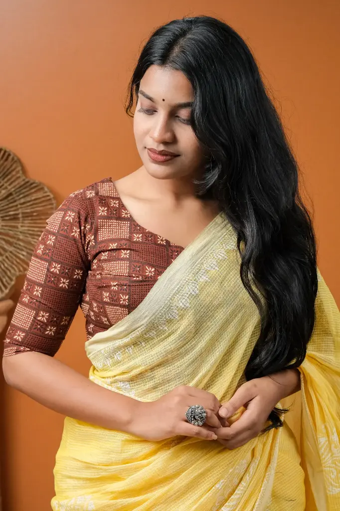 Coffee Cotton Screen Print Blouse