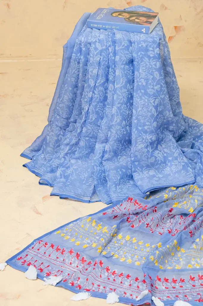 [0106] Light Indigo Stripped Anchal Hand Work ND Sharee