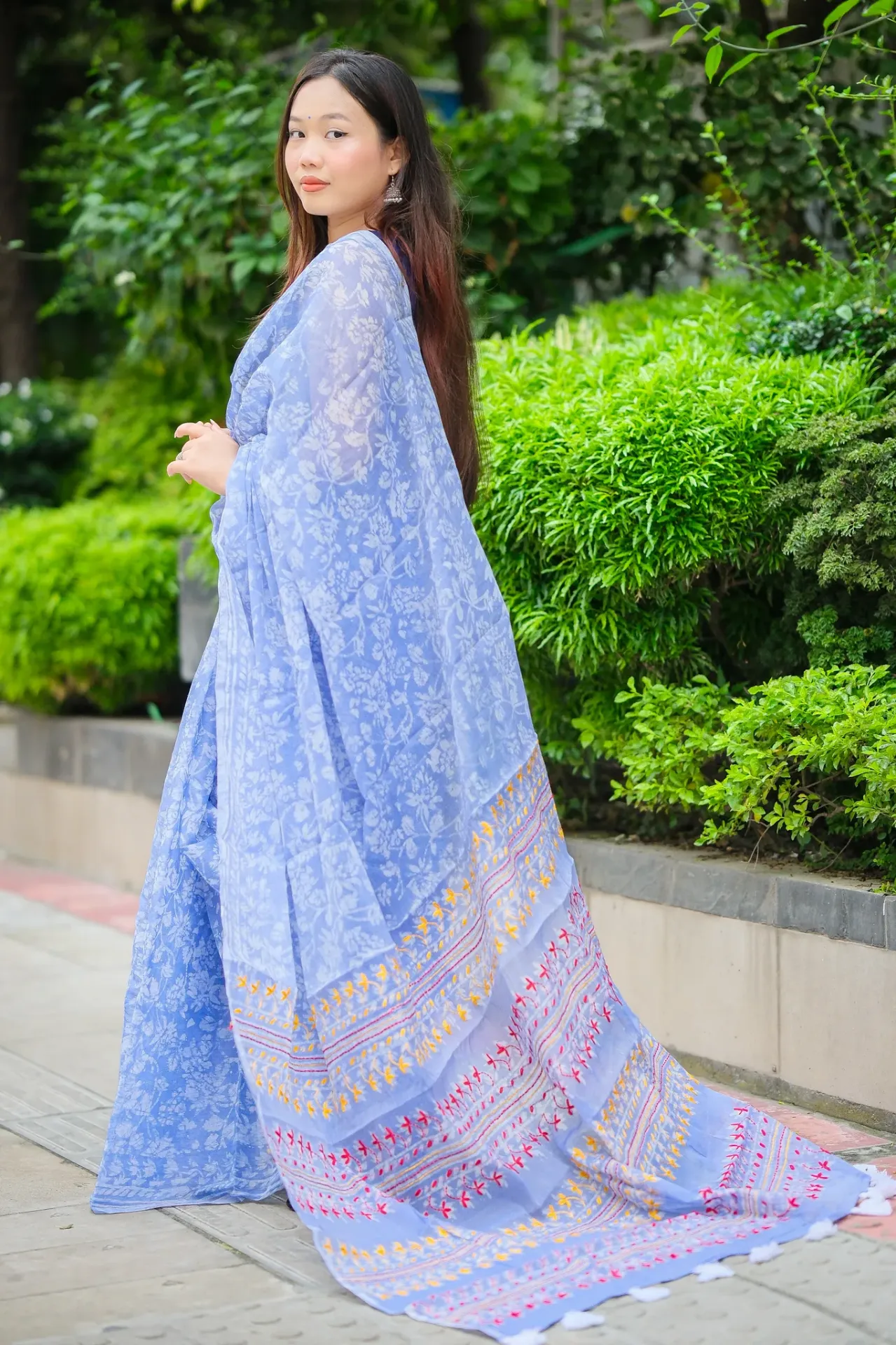 Light Indigo Stripped Anchal Hand Work ND Sharee