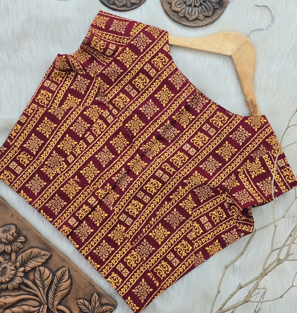 Maroon body Yellow Terracotta Design Short Sleeve Blouse