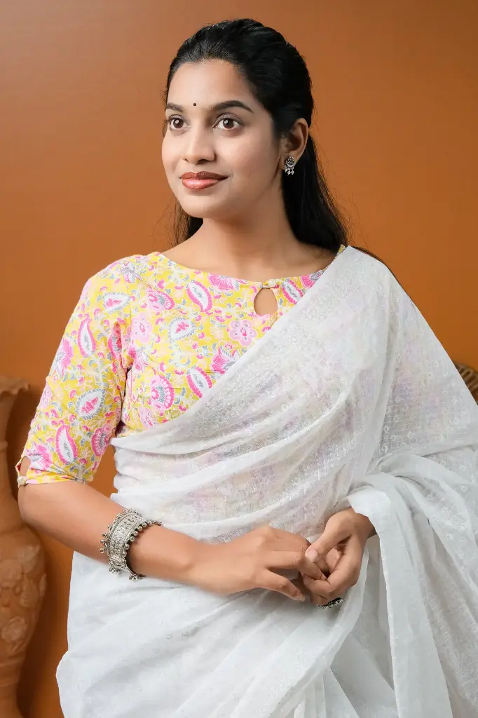 Yellow Pink Floral Print Round Neck Cotton Screen Print Blouse