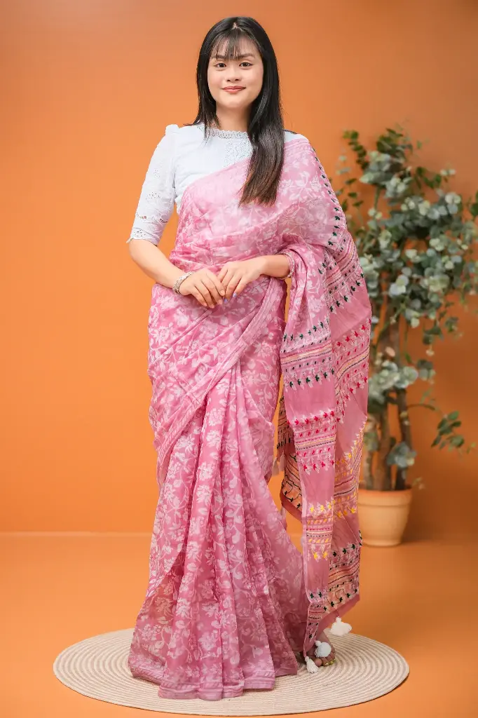 Dusty Rose Stripped Anchal Hand Work ND Sharee