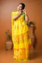 Vibrant Yellow Body Orange Green Print Design Dollar Hand Work Half Silk Sharee