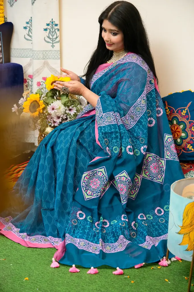 Deep Teal Blue Body Pink Yellow Design Dollar Hand Work Half Silk Sharee