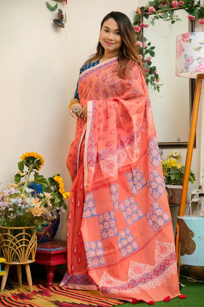 Soft Coral Pink Body Blue Floral Design Dollar Hand Work Half Silk Sharee