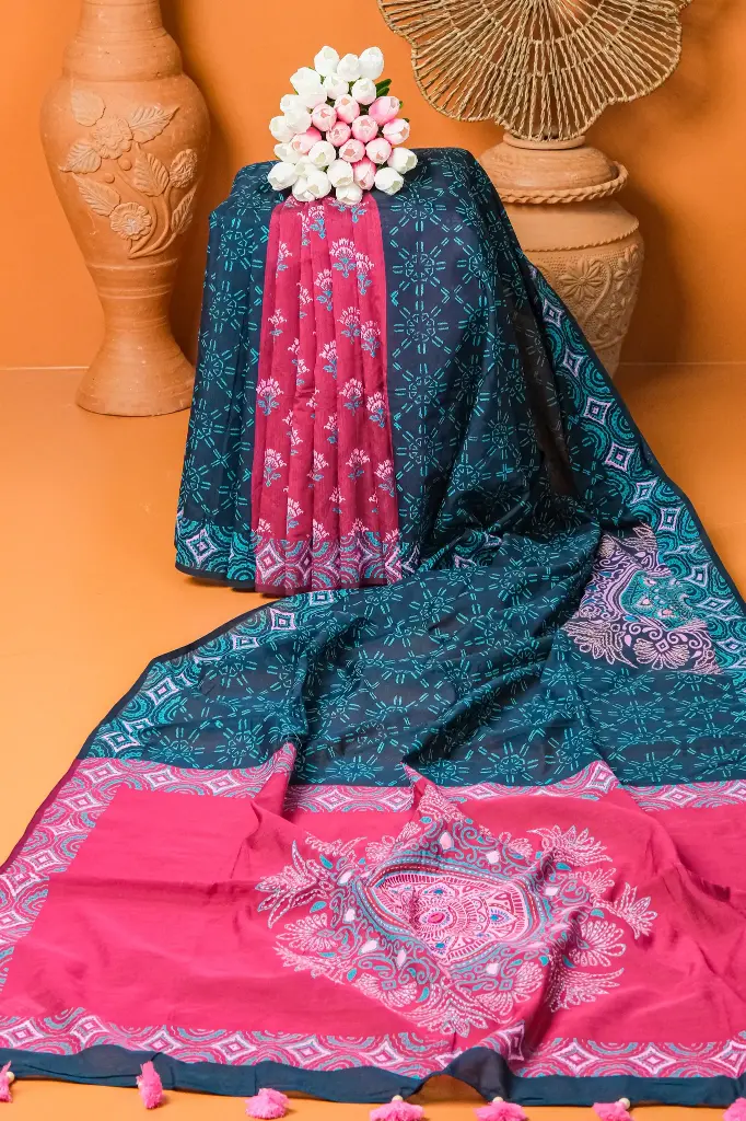 Rich Magenta Body Pink Teal Floral Design Dollar Hand Work Half Silk Sharee