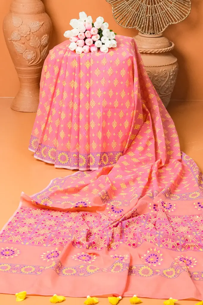 Light Pink Body Pink Purple Print Dollar Hand Work Half Silk Sharee