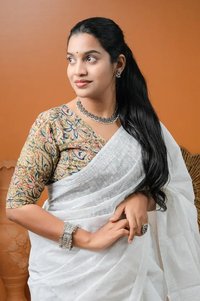 Muted Olive Green Floral V Neck Kalamkari Blouse