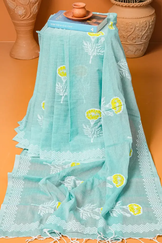 [013] Paste Body White & Yellow Marigold Flower Cotton Block Print Sharee