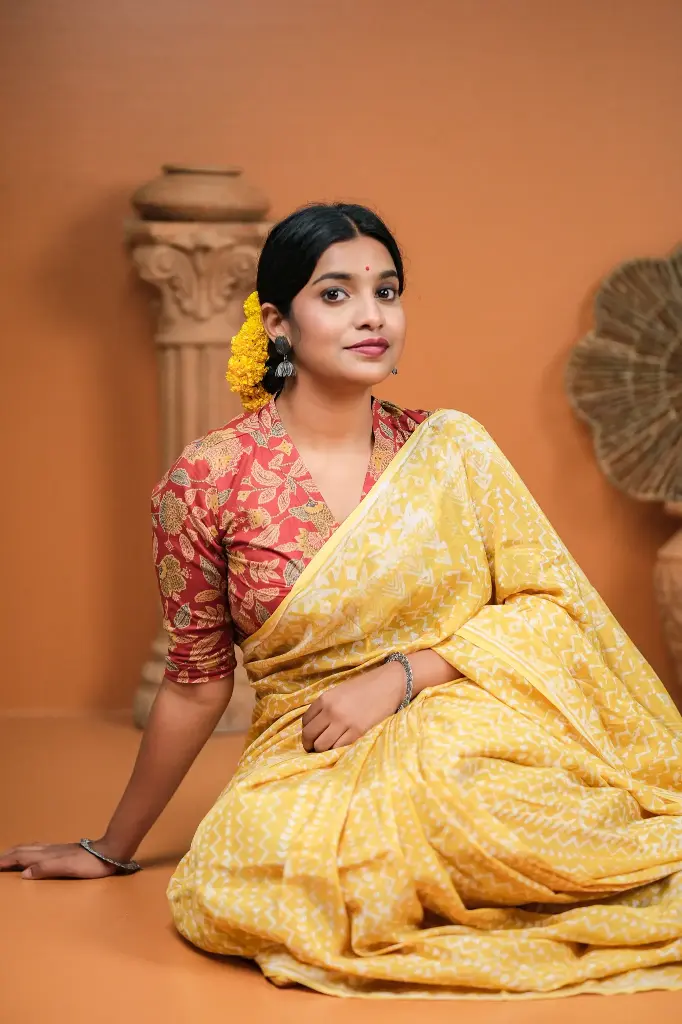 Deep Maroon Mustard Yellow Beige Olive Floral V Neck Jaypuri Cotton Blouse