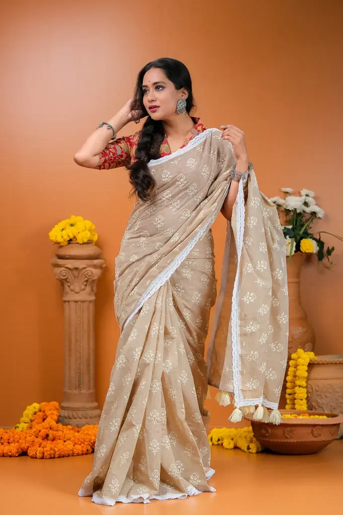 Nude Brown Cotton Screen Print Sharee