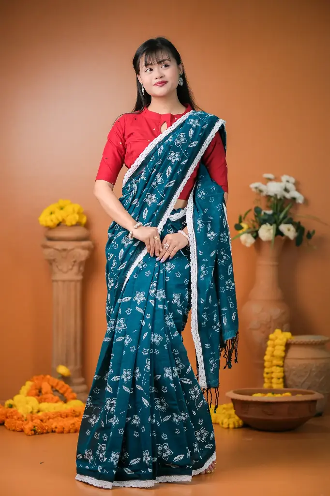 Teal Blue Floral Screen Print Cotton Sharee