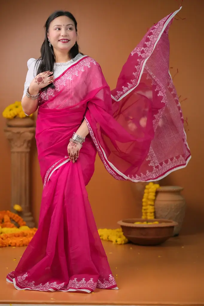 Magenta body White Block Print Sharee