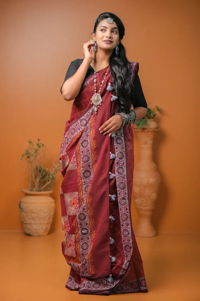 Maroon Body Black Orange Flower Print Dollar Hand Work Half Silk Sharee