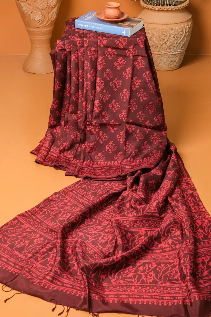 Maroon Red Silk Natural Dye Sharee