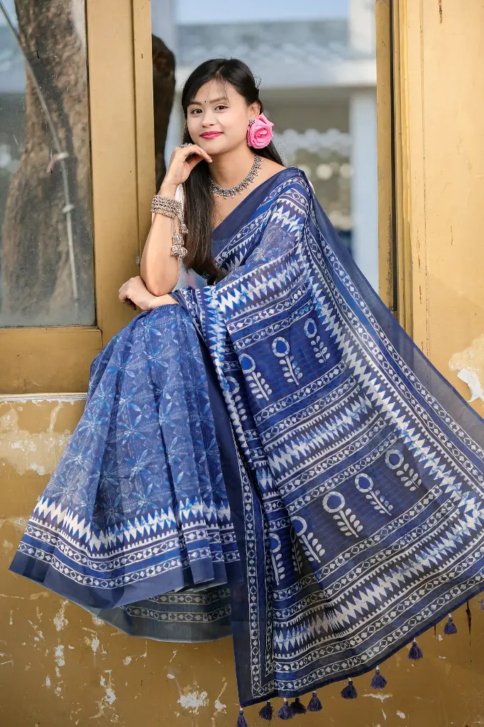 Deep Indigo Digital Print Mix Cotton Sharee
