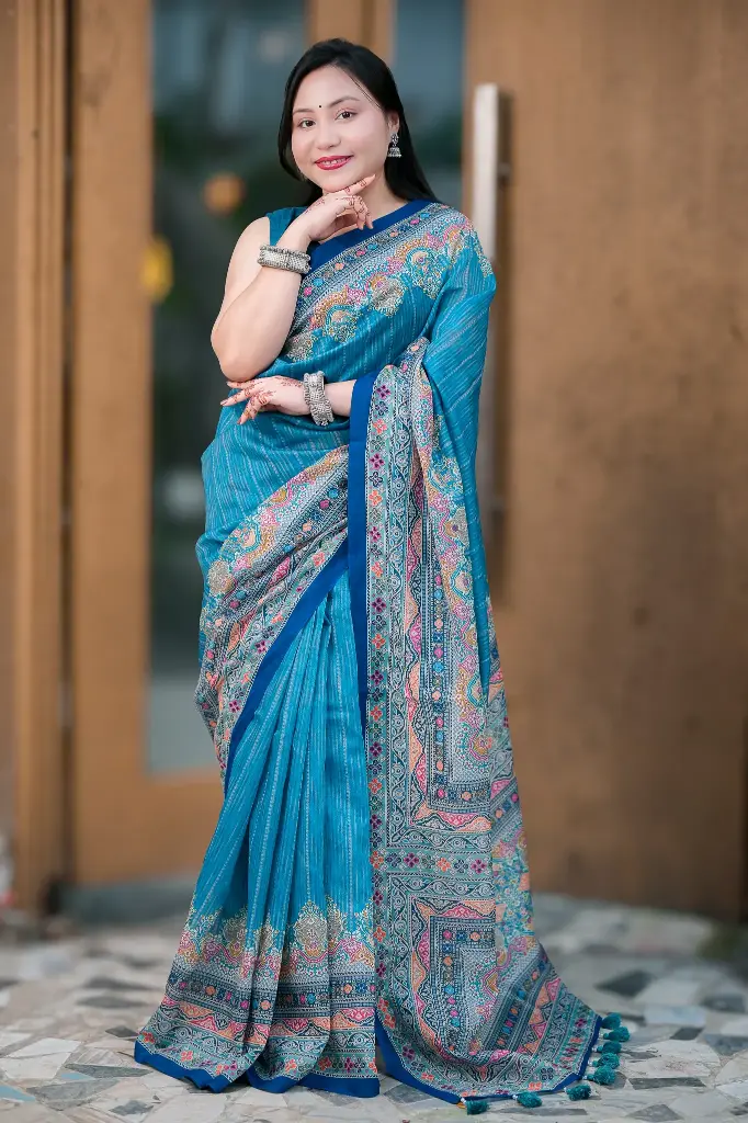 Peacock Blue Digital Print Mixed Cotton Sharee