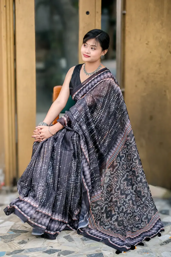 Black Tie Dye Digital Print Mix Cotton Sharee