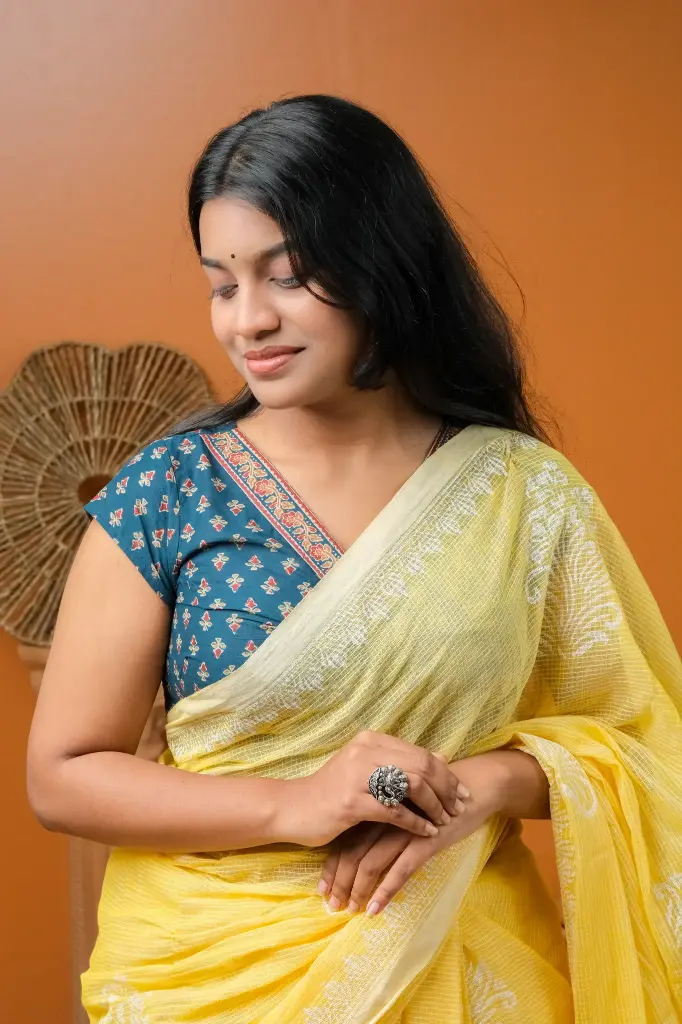 Torrey Blue Jaypuri Cotton V Neck Blouse