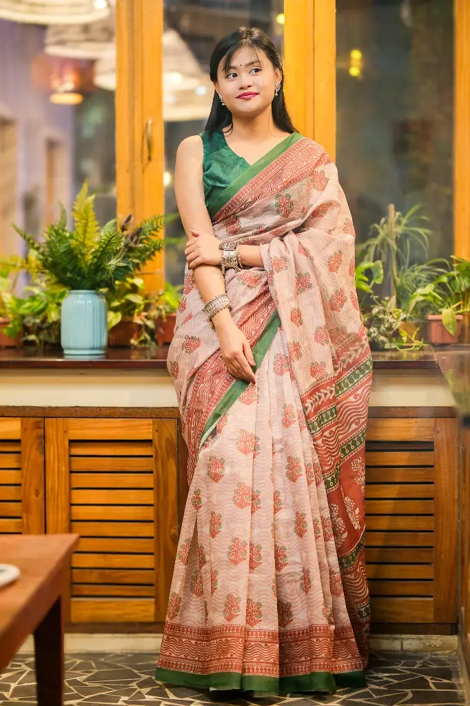 Terracotta Brown Digital Print Mix Cotton Sharee