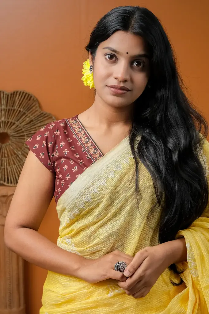 Maroon Jaypuri Cotton V Neck Blouse