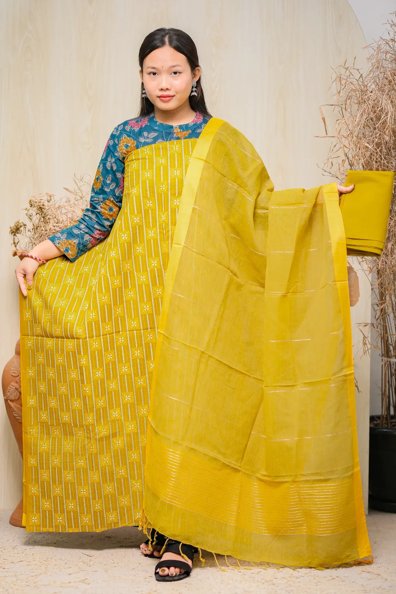 Mustard Yellow Cotton UnStitched Three Piece